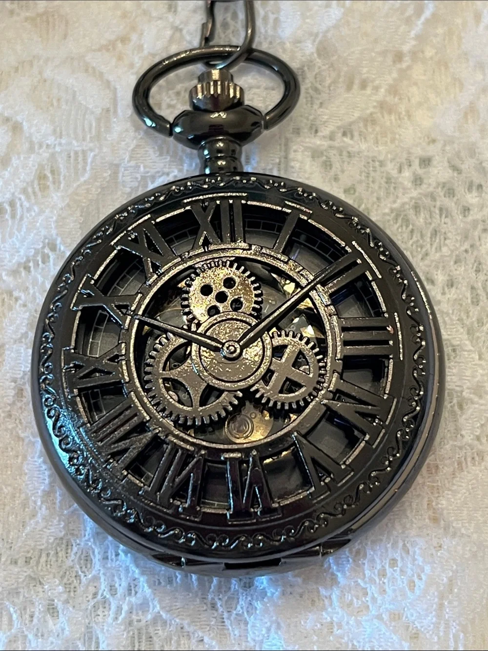 Steampunk Skeleton Pocket Watch - Black Roman Dial
